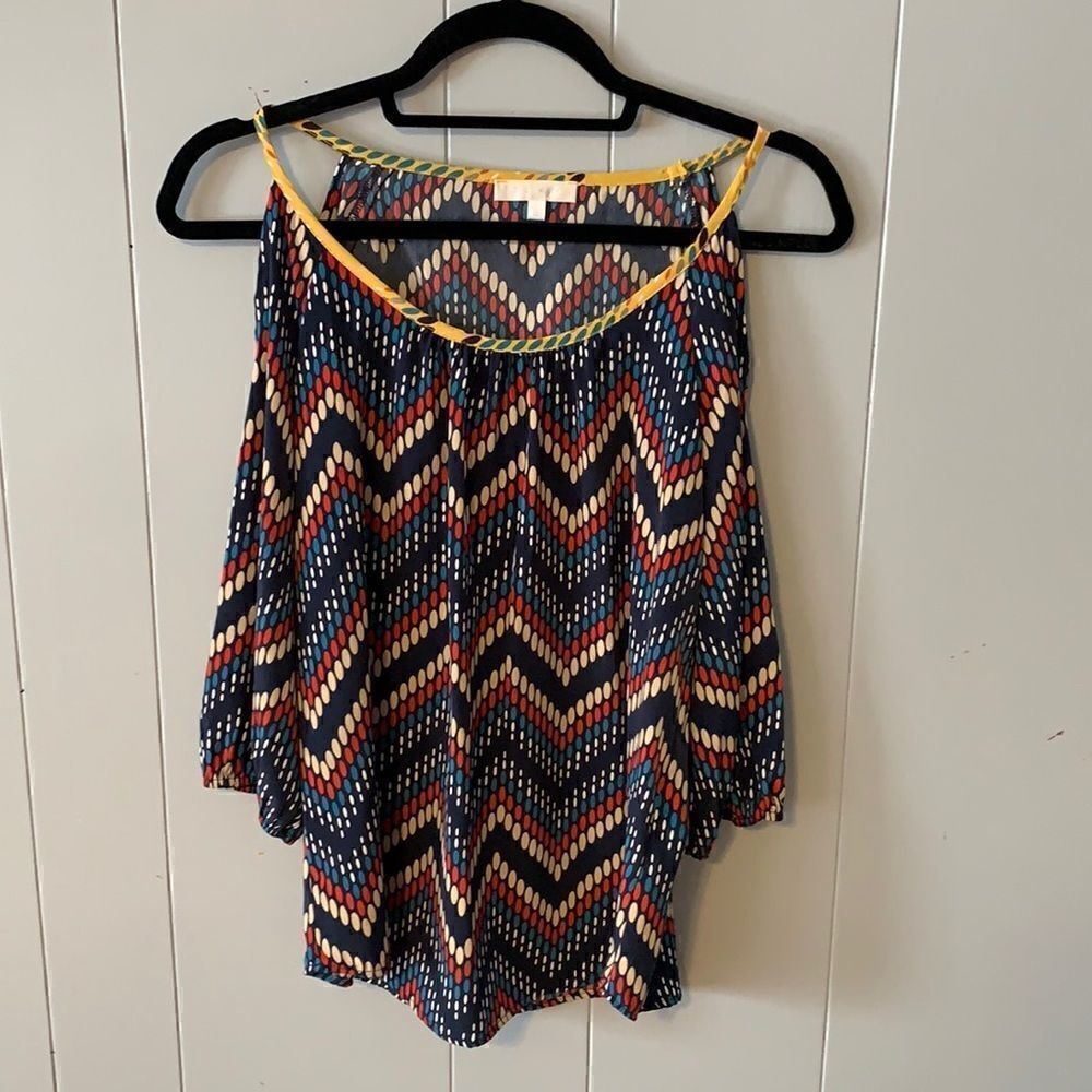 Glam Navy Printed Cold Shoulder Blouse Size Small